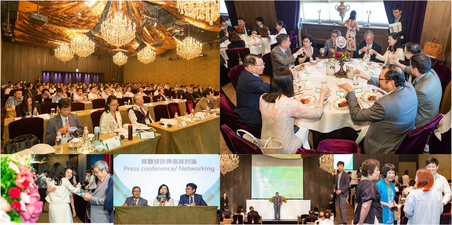 Event photos showing formal dining settings and group presentations in banquet halls.
