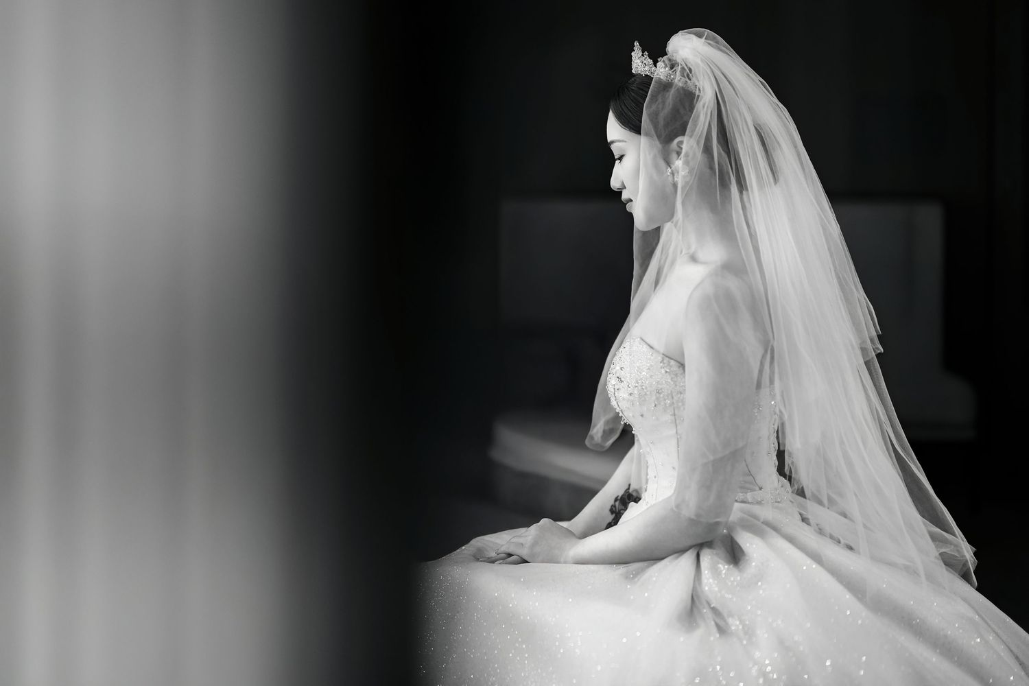 A bride in a flowing white wedding dress and veil poses elegantly in a dramatic black and white photo.