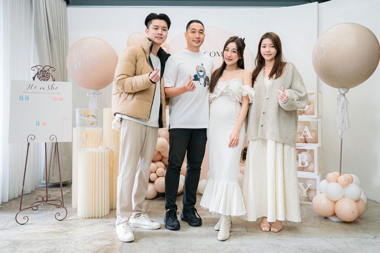A series of soft pastel-toned photos showing a family celebration with balloons and decorations in a bright indoor setting.