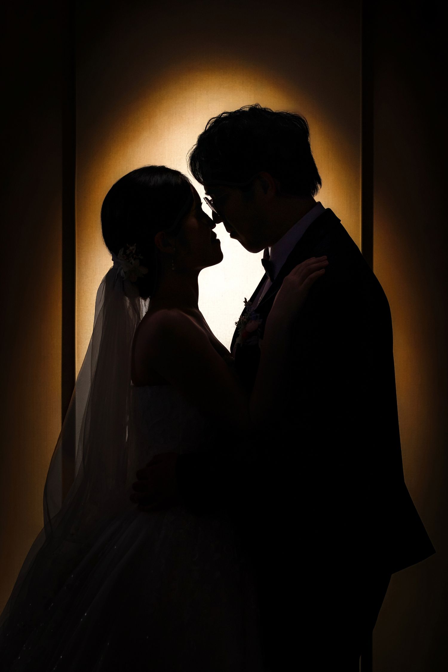 Silhouettes of a bride and groom in romantic poses against warm backlit backgrounds create an artistic wedding photo series.