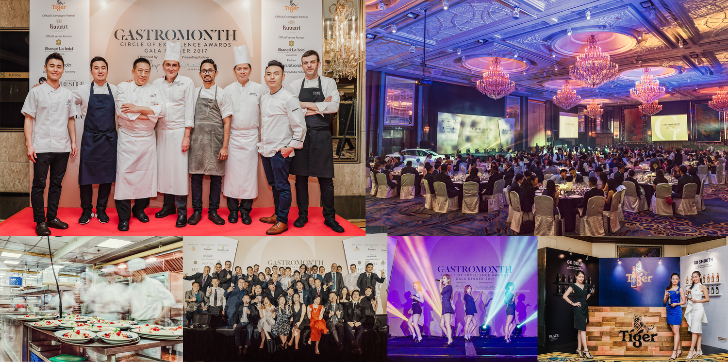 Culinary exhibition featuring chefs and dining event with elegant ballroom setup.