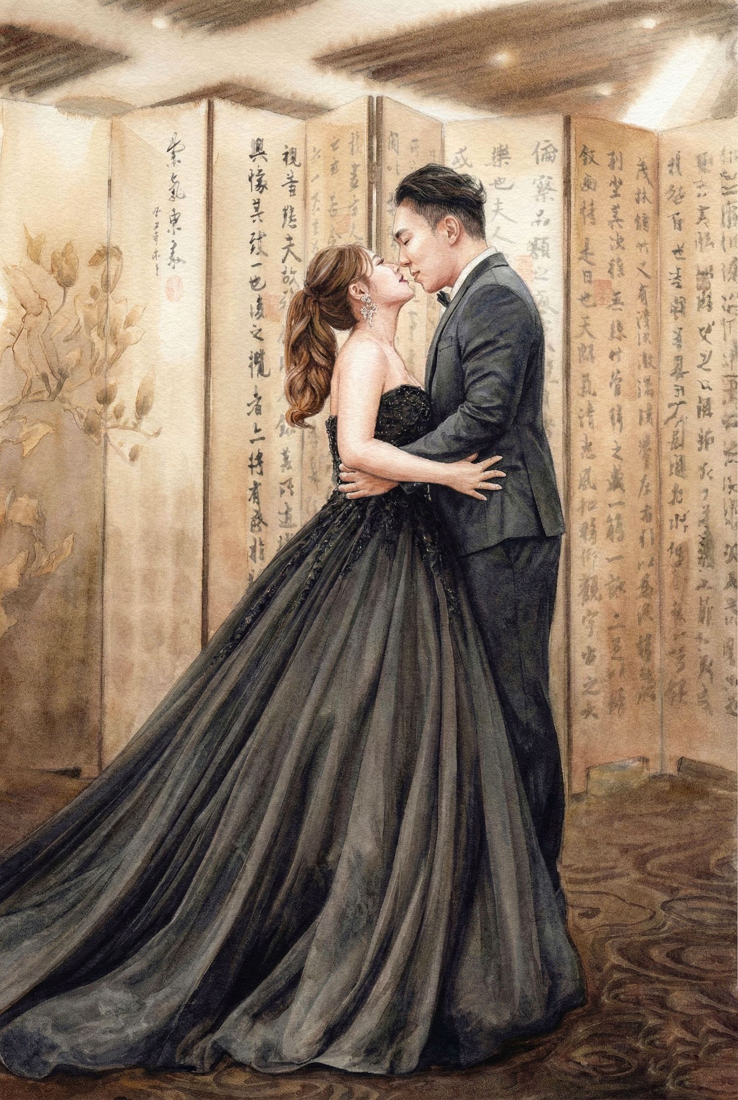 A romantic couple in formal attire embrace against a backdrop of Chinese calligraphy scrolls and artwork.