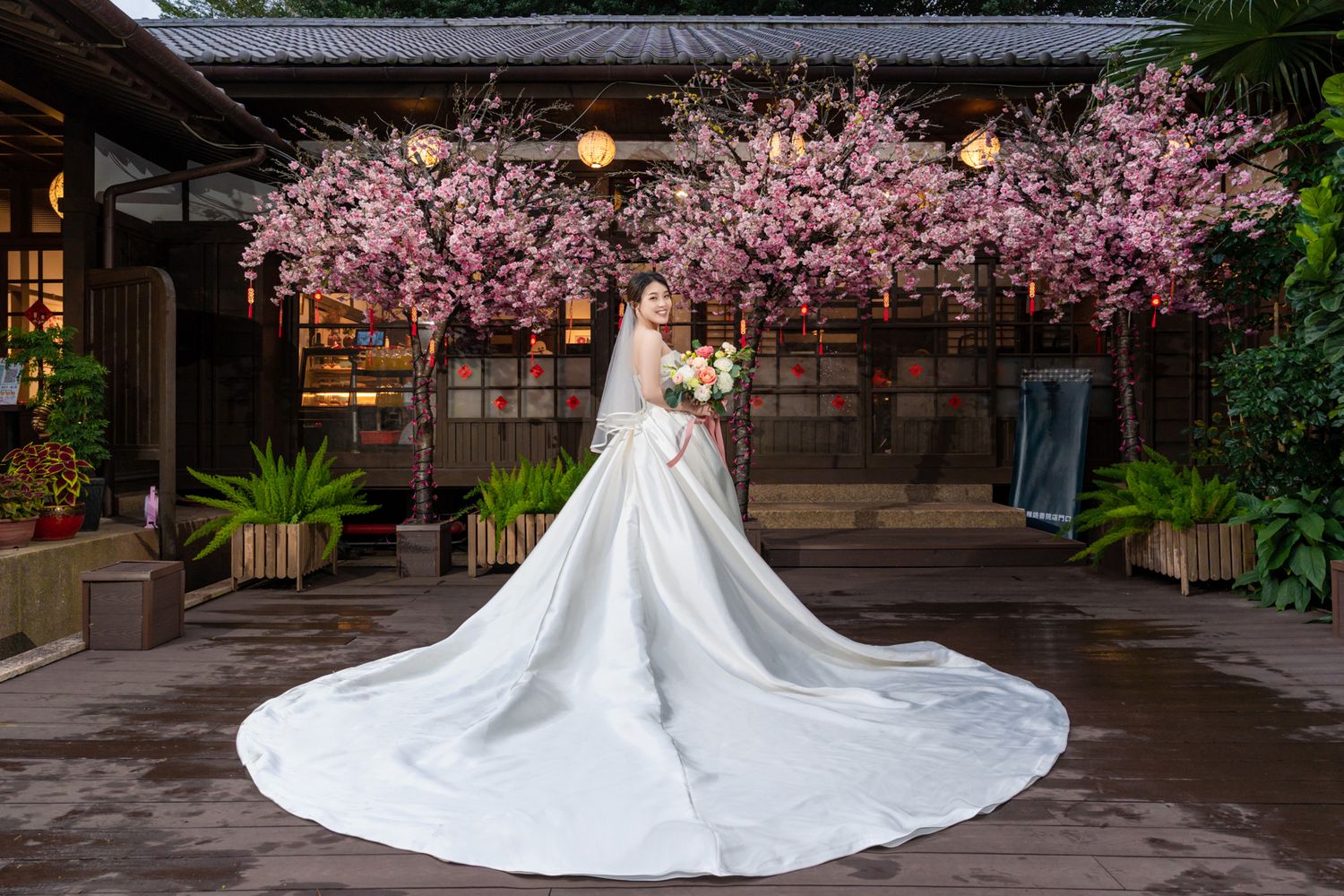 A wedding dress with a long flowing train photographed under blooming cherry blossoms at a traditional Japanese venue.