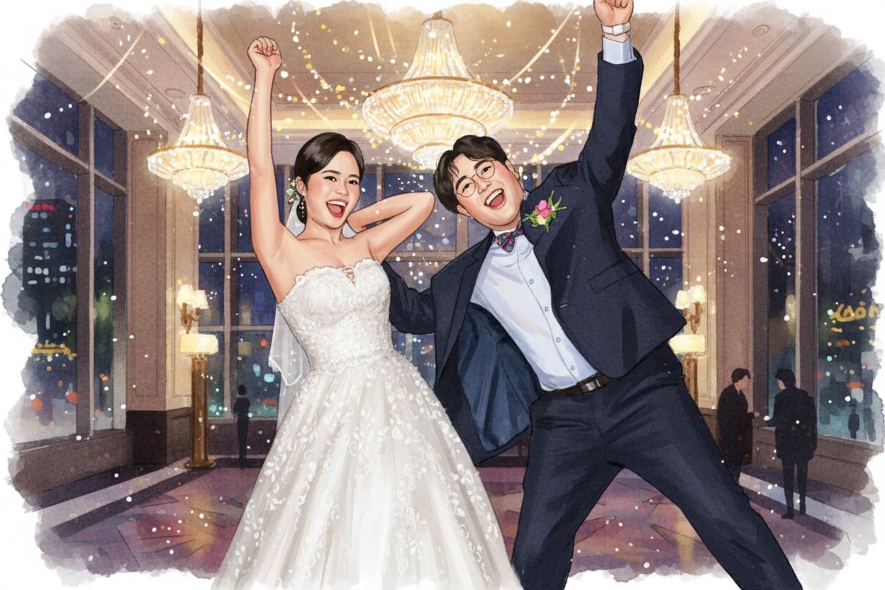 Newlywed couple dancing together in an elegant ballroom with sparkling lights and ornate decor.