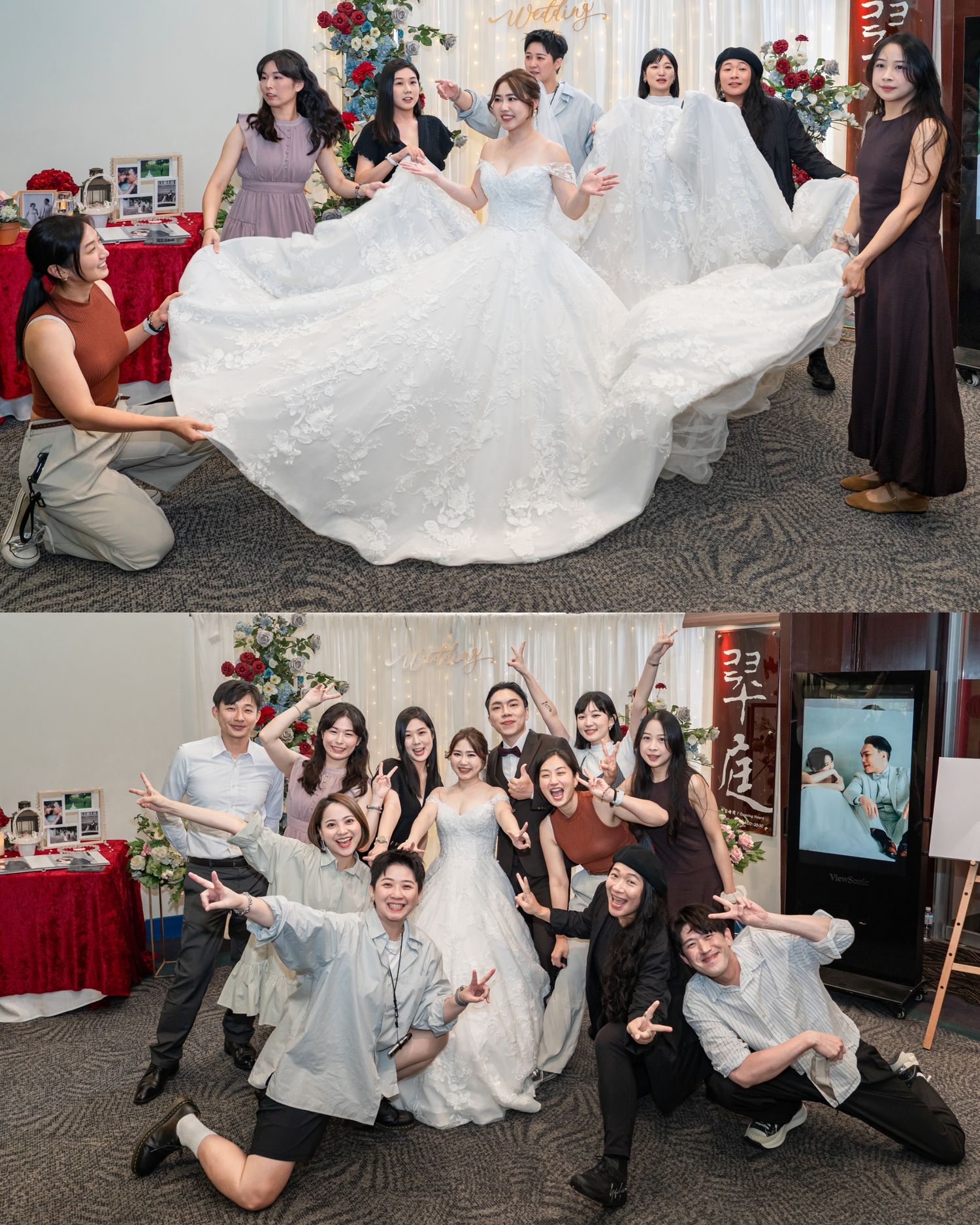 Wedding party members playfully pose and interact during a fun photo session in a carpeted venue.