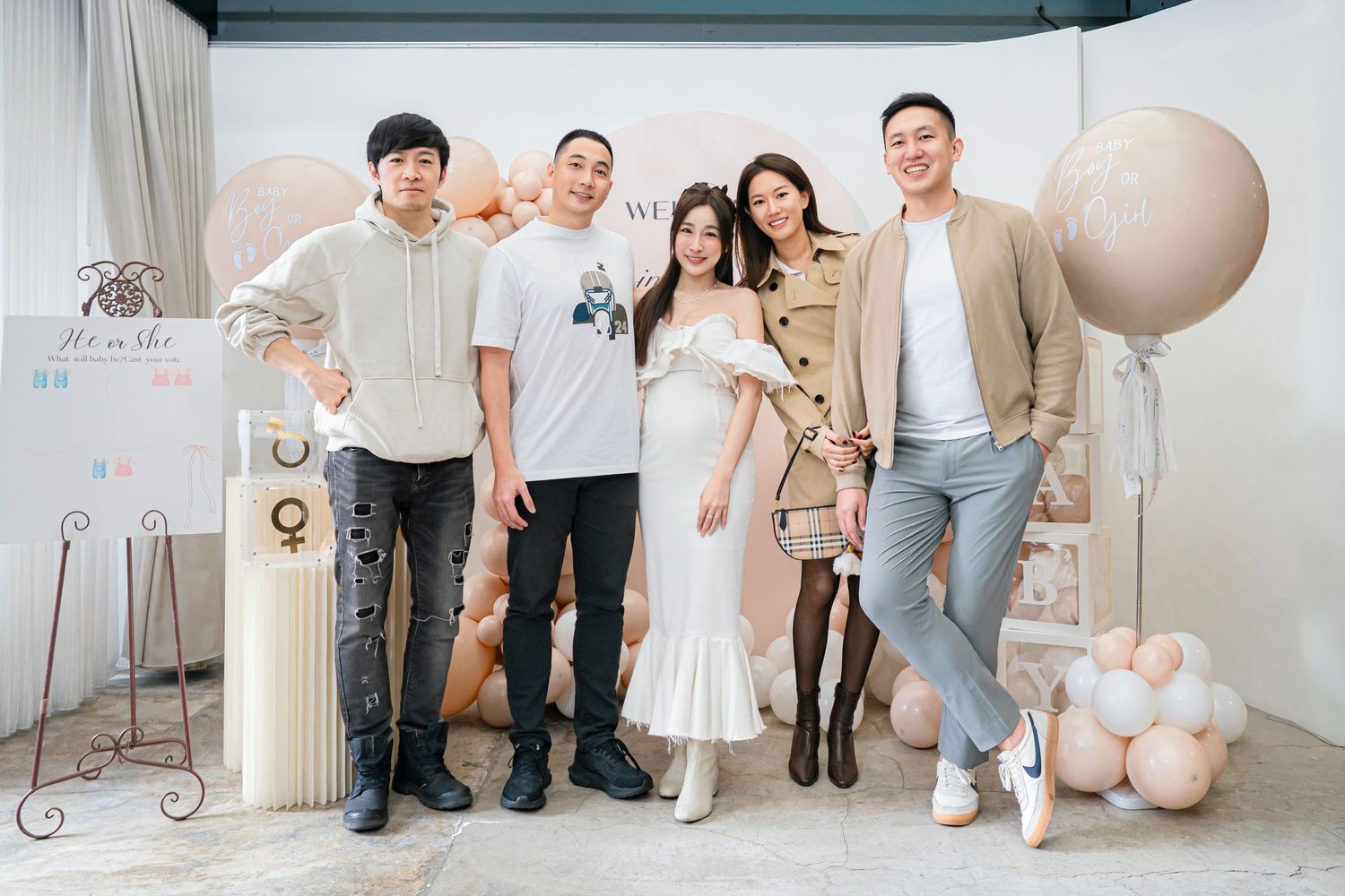 A collage of family photo sessions showing people posing in bright white studio settings with balloons and decorative elements.