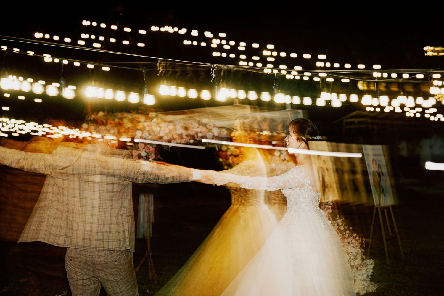 A sequence of blurred wedding photographs showing a newlywed couple dancing in a reception venue with warm lighting.