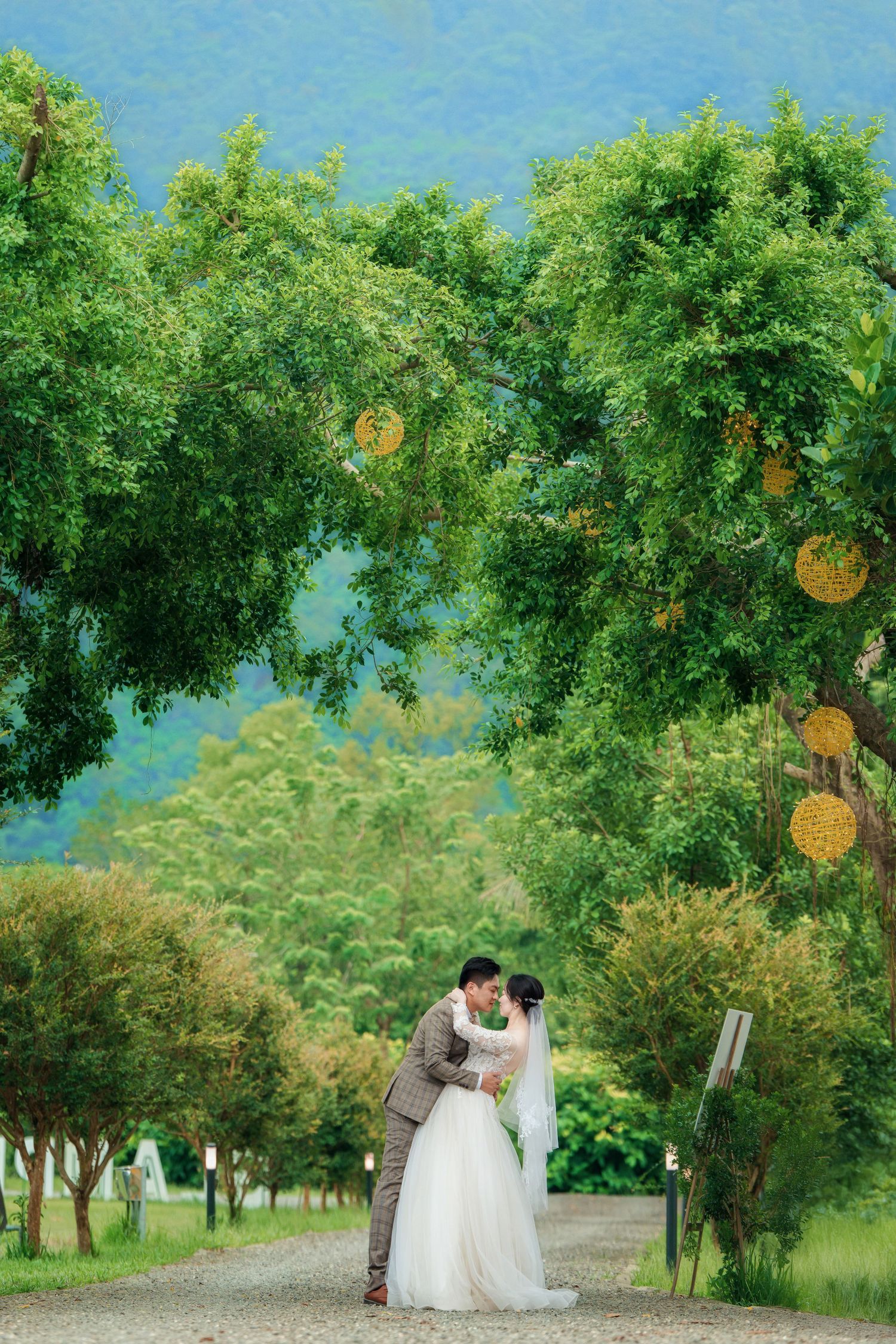 Wedding couple shares an intimate moment beneath orange trees in a lush garden setting during sunset.
