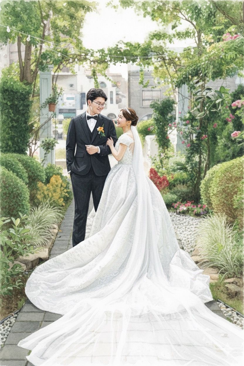 A couple in formal wedding attire poses in a lush garden setting with a flowing white gown and black tuxedo.