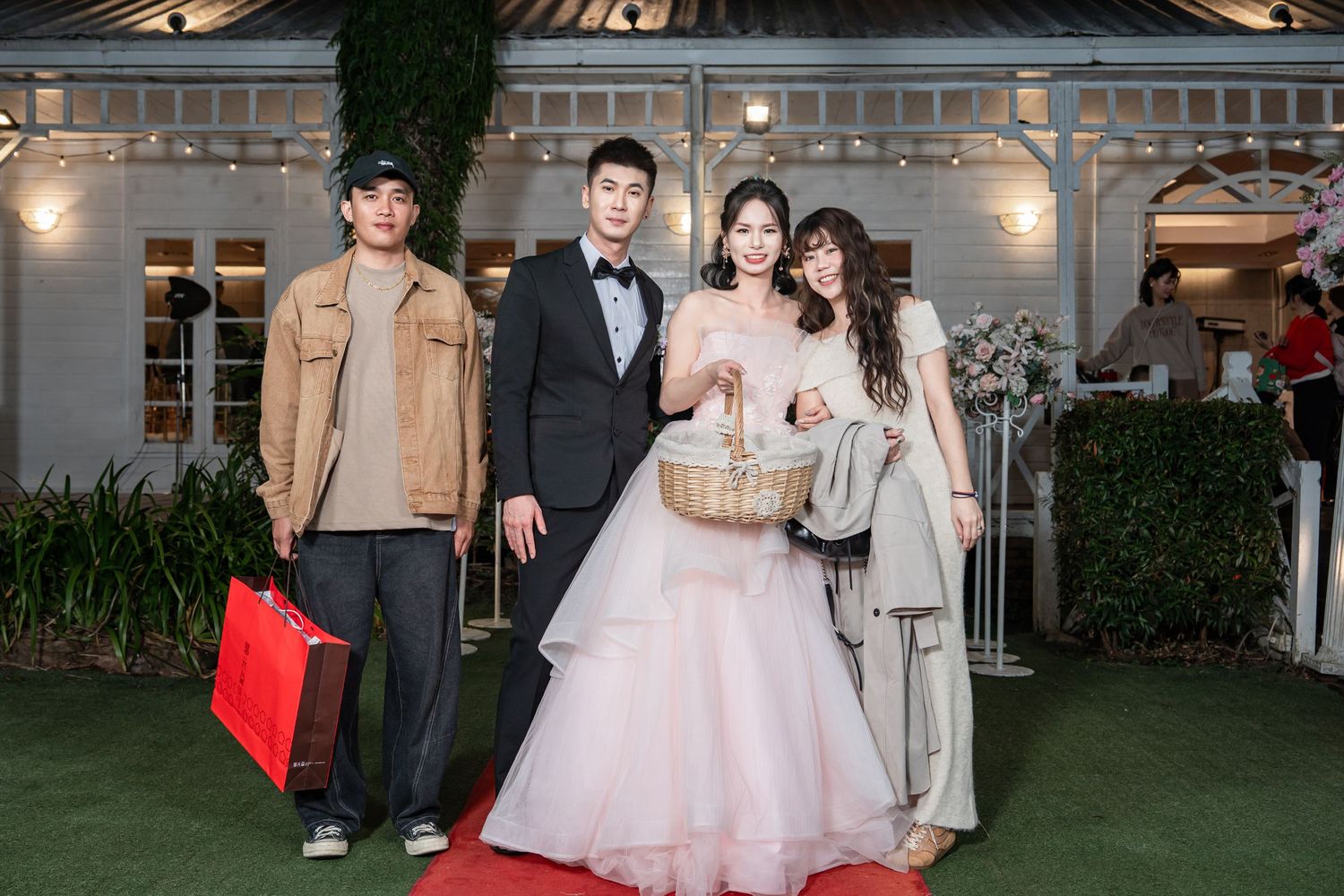 A collage of wedding celebration photos showing formal attire and decorations at an outdoor evening venue.