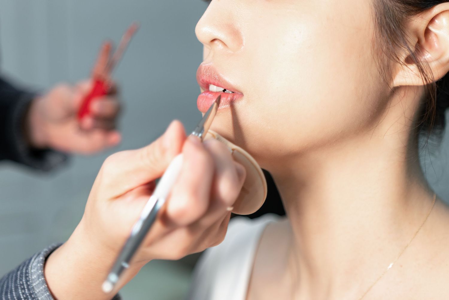 Makeup artist applying lip liner with a brush for professional beauty cosmetics application.