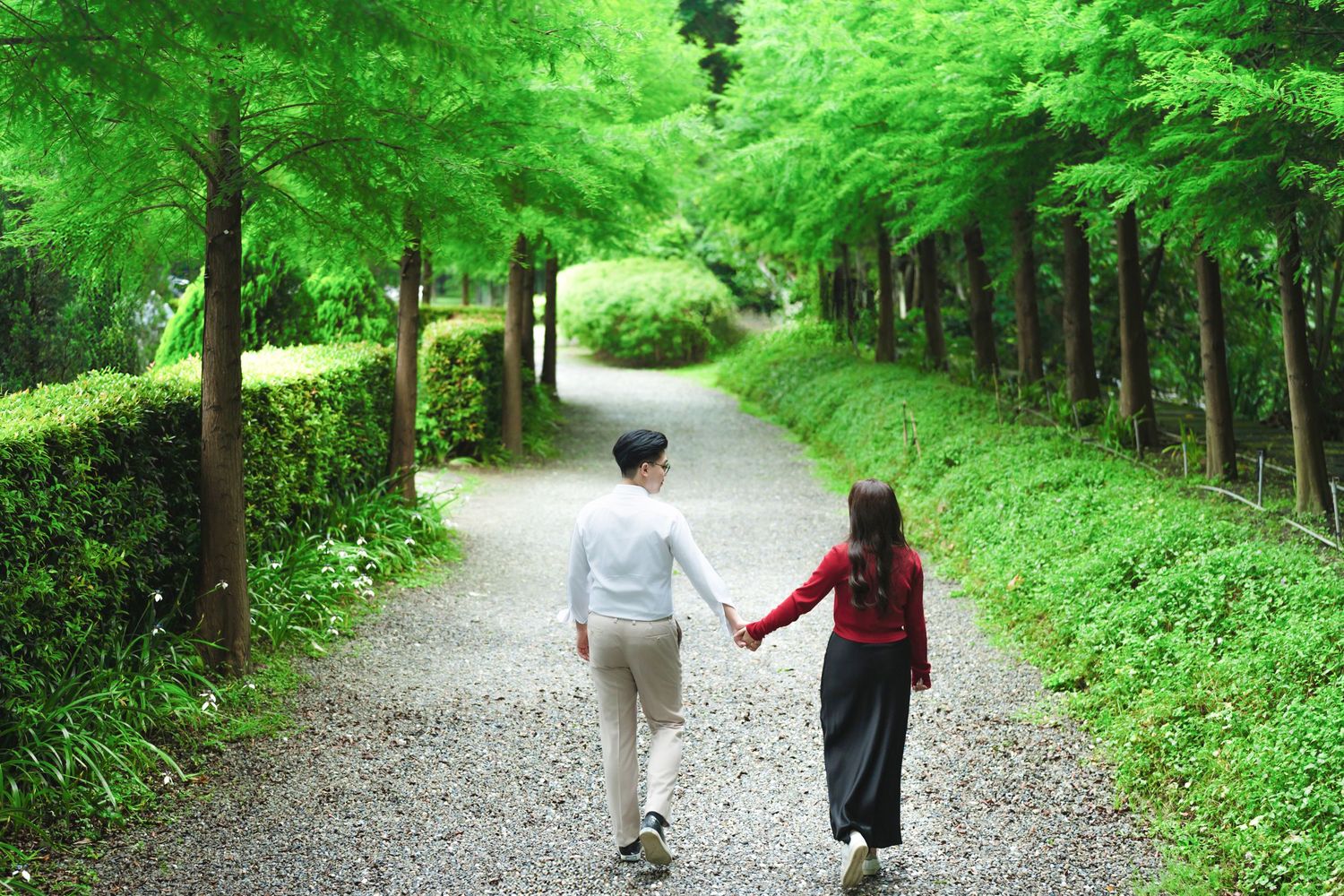 Two people holding hands while walking on a peaceful tree-lined gravel path through lush green forest.