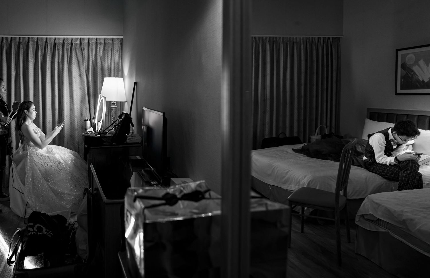 Film noir style black and white panoramic sequence showing a moody interior bedroom scene with dramatic lighting.