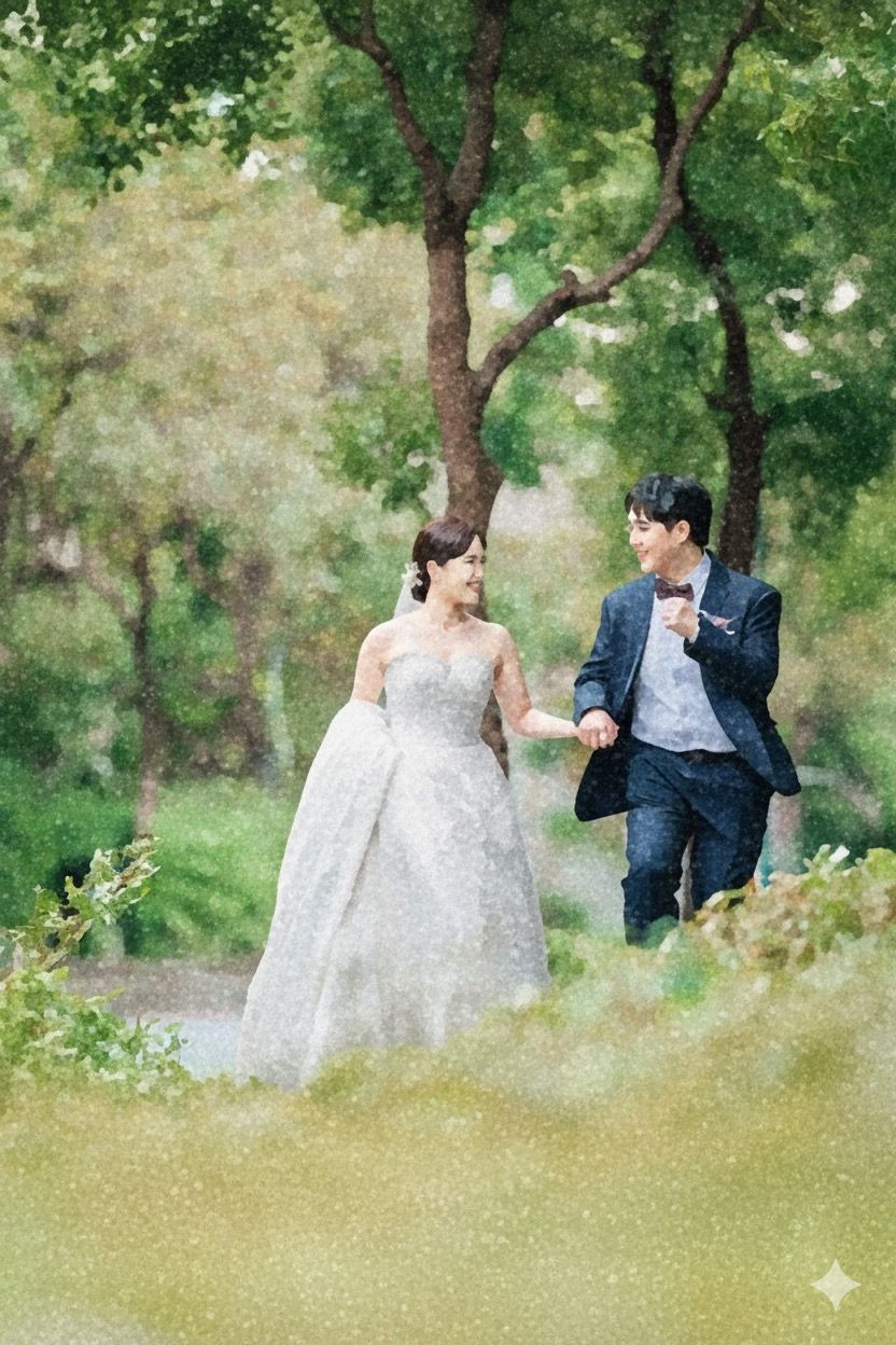 A romantic wedding couple shares playful moments in a lush green garden setting during their photo session.
