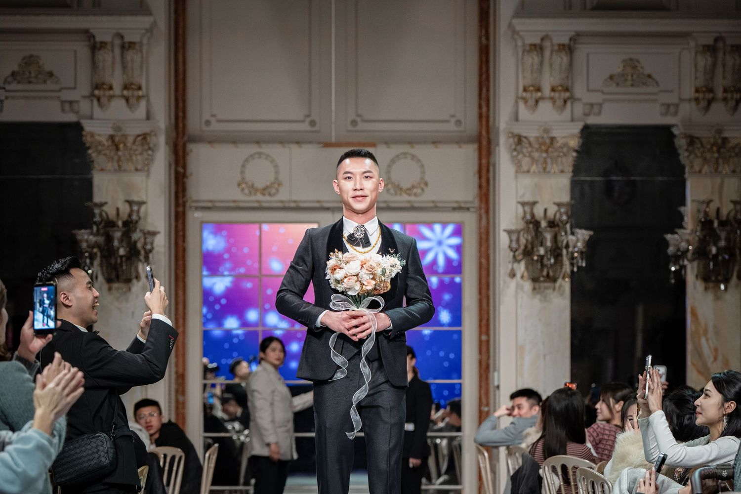 A series of wedding reception photos showing dancing guests and celebration moments in an elegant ballroom setting.