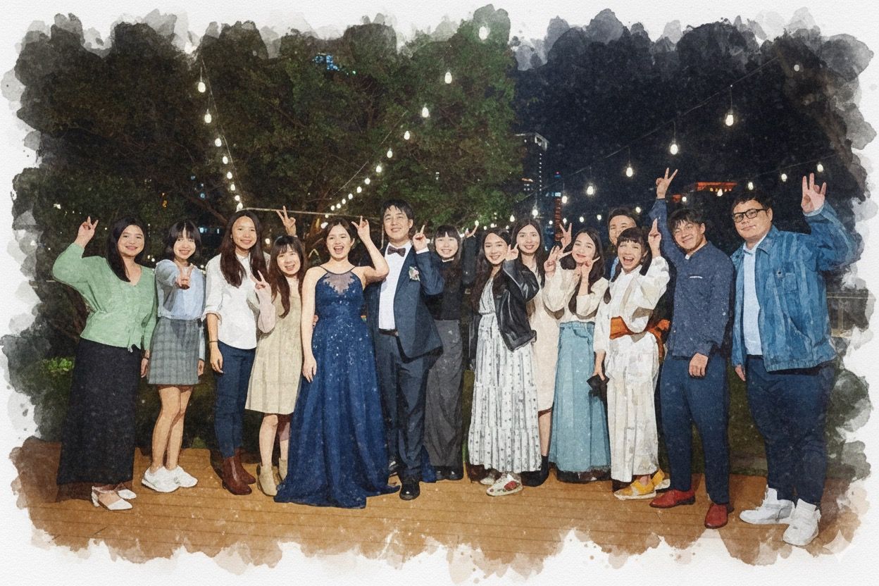 A large panoramic group photo of people standing together in formal attire at an outdoor event.