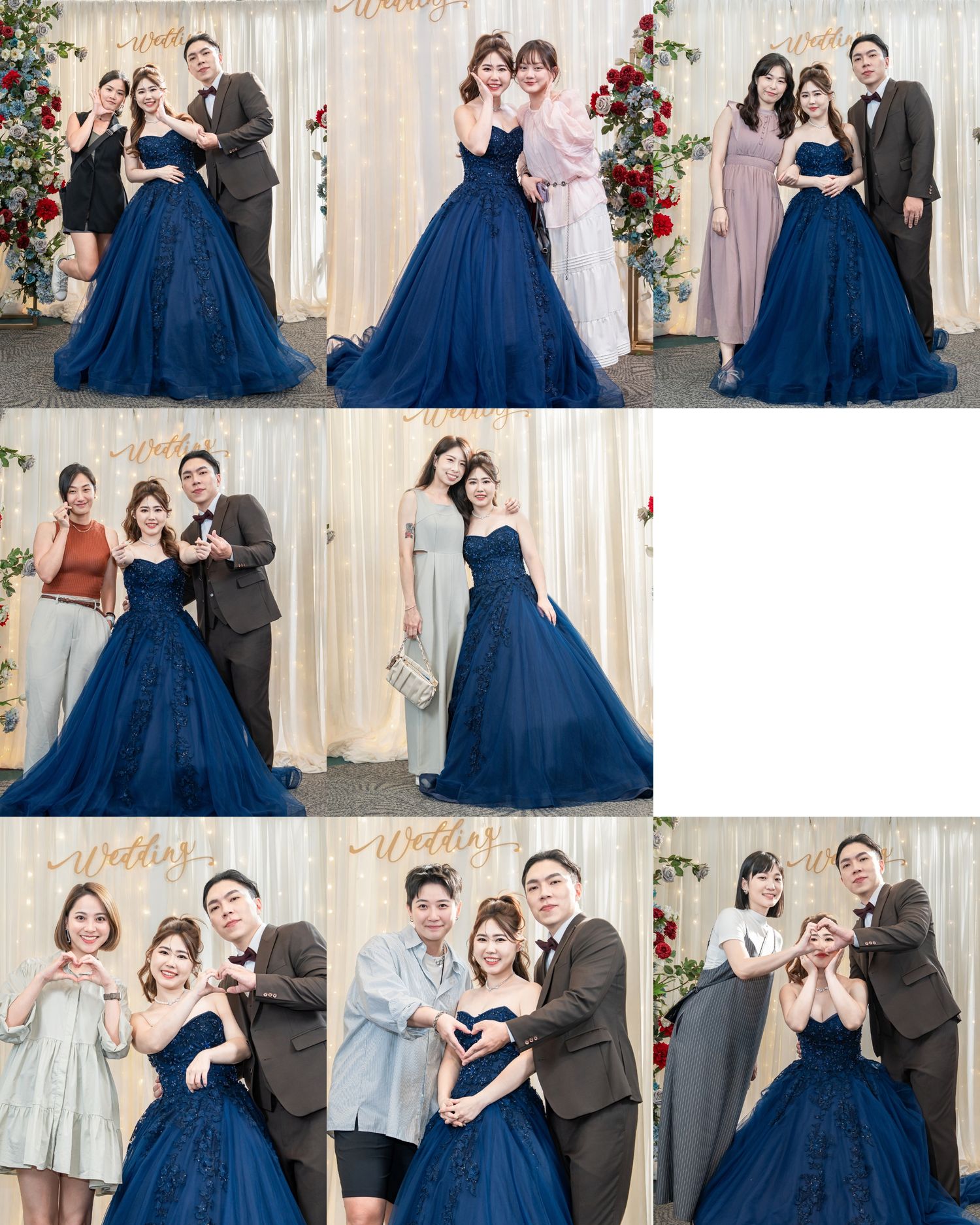 Group photos at a formal event featuring a stunning navy blue ball gown and coordinating formal attire against a floral backdrop.