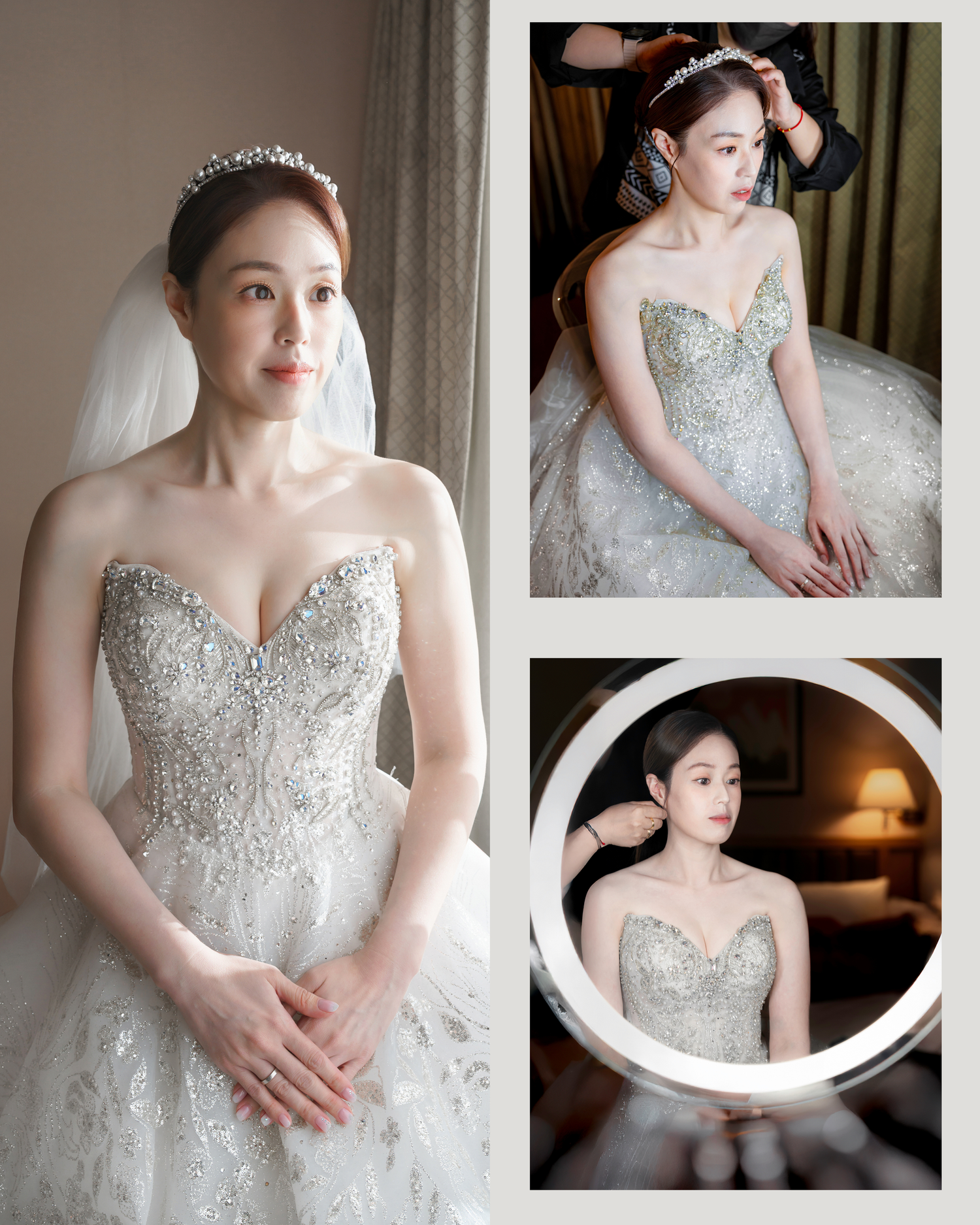 A bride poses in a stunning strapless beaded wedding gown with a sweetheart neckline and flowing tulle skirt.