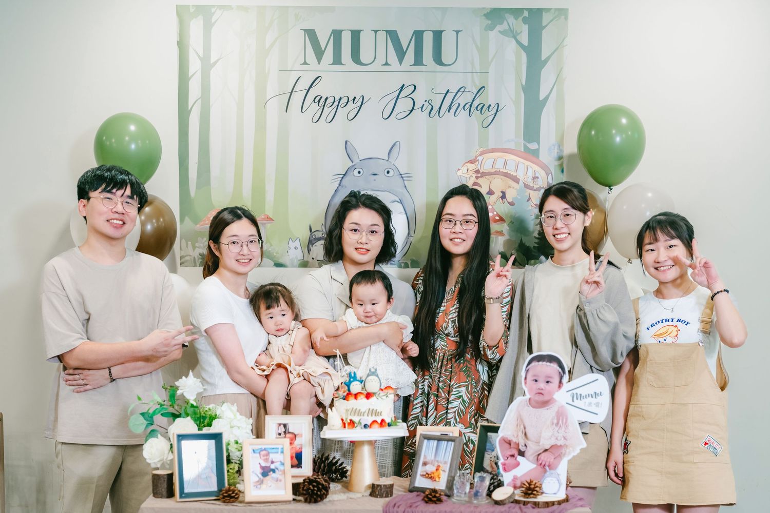 A collage of birthday party scenes with green and white decorations, balloons, and cake showing joyful family celebrations.