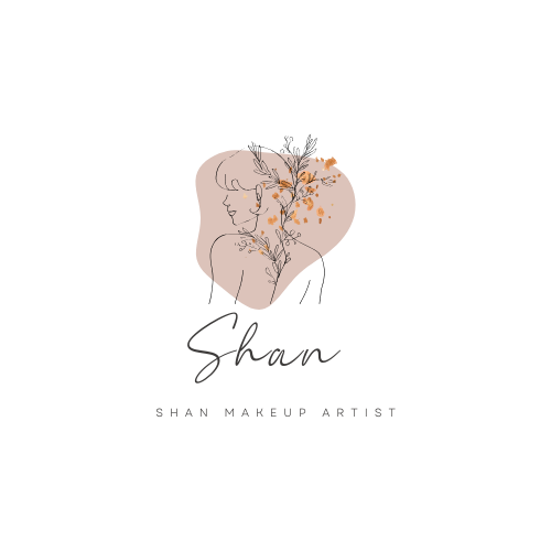 Shan Makeup Artist logo featuring elegant line art of a woman with floral accents in soft peach and gold tones.