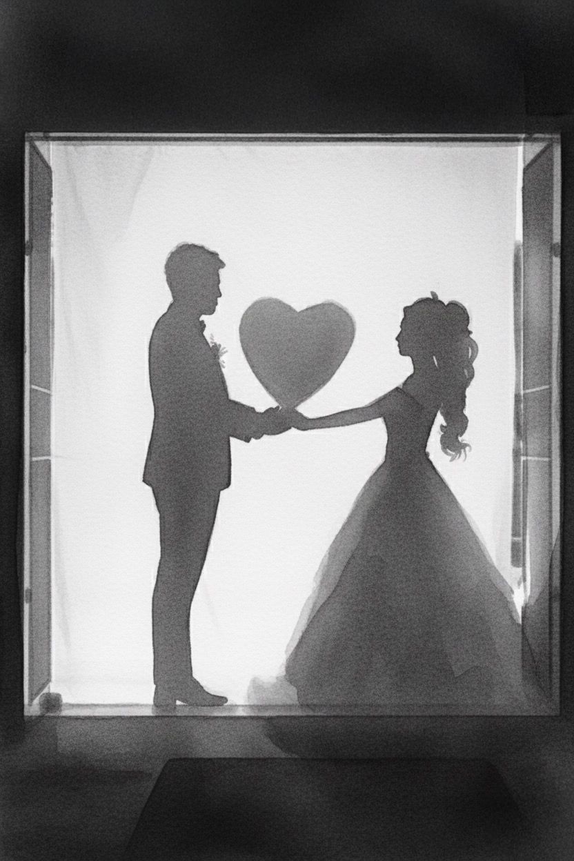 A romantic silhouette shows a couple holding a heart shape between them in a backlit frame.