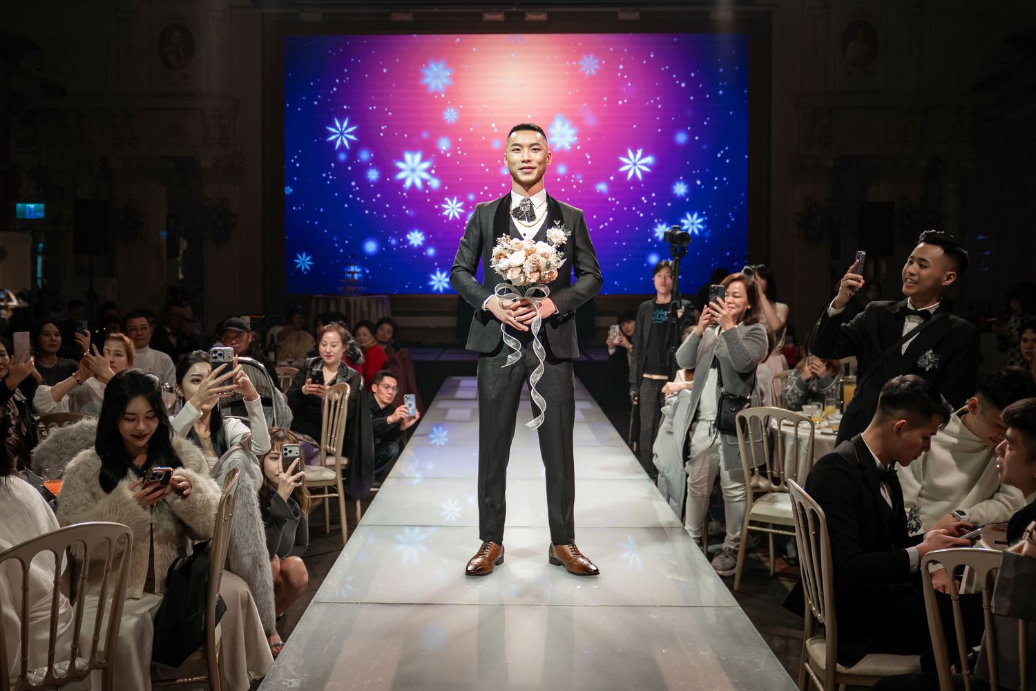A series of photos showing a wedding celebration with dancing and festivities in a dimly lit reception venue.
