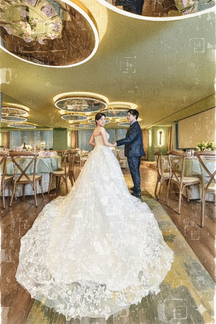 A panoramic view of an elegant ballroom with ornate decor and a figure in a flowing white wedding gown.