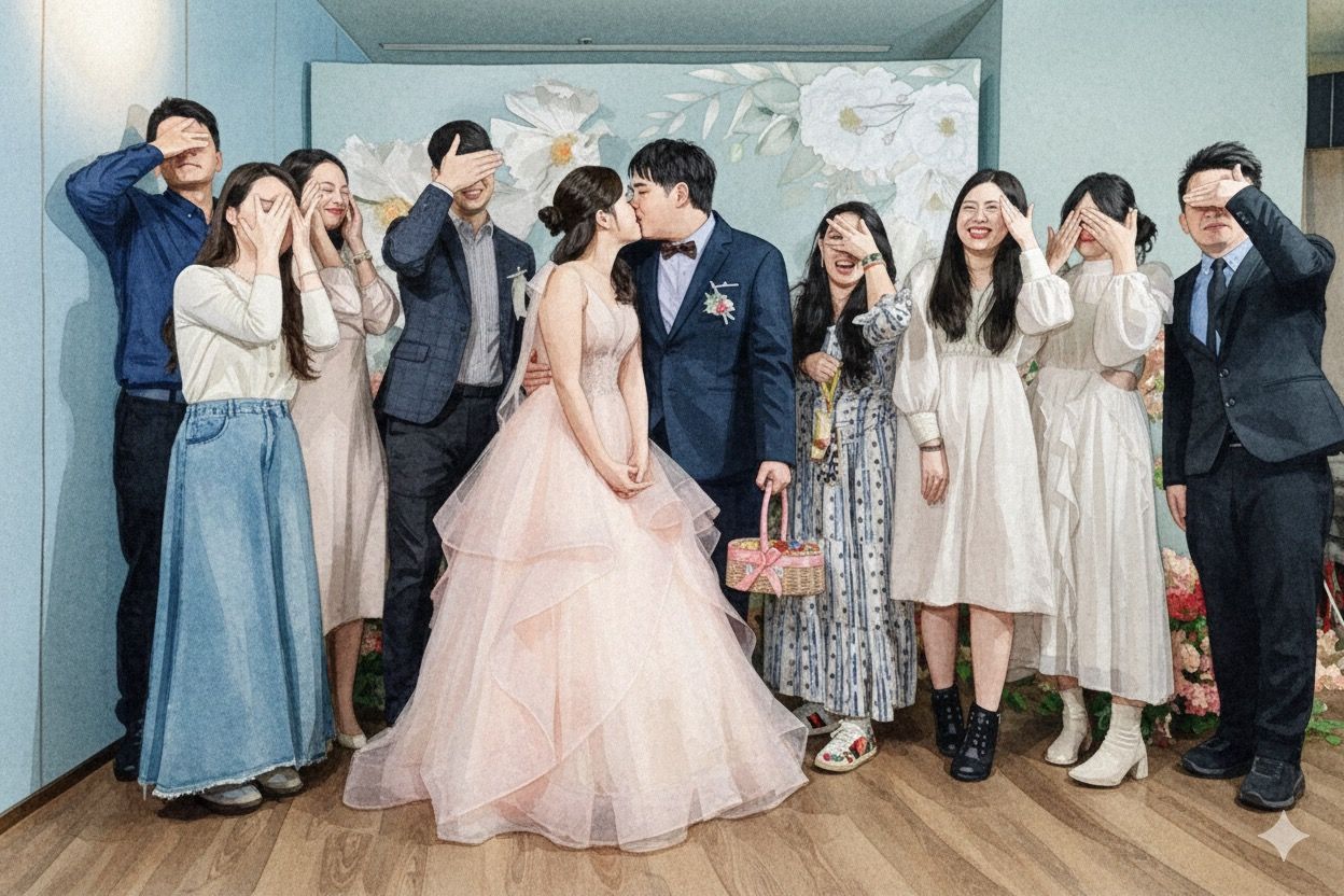 A group of wedding guests in formal attire gather together in a hallway for formal photos at a celebration.