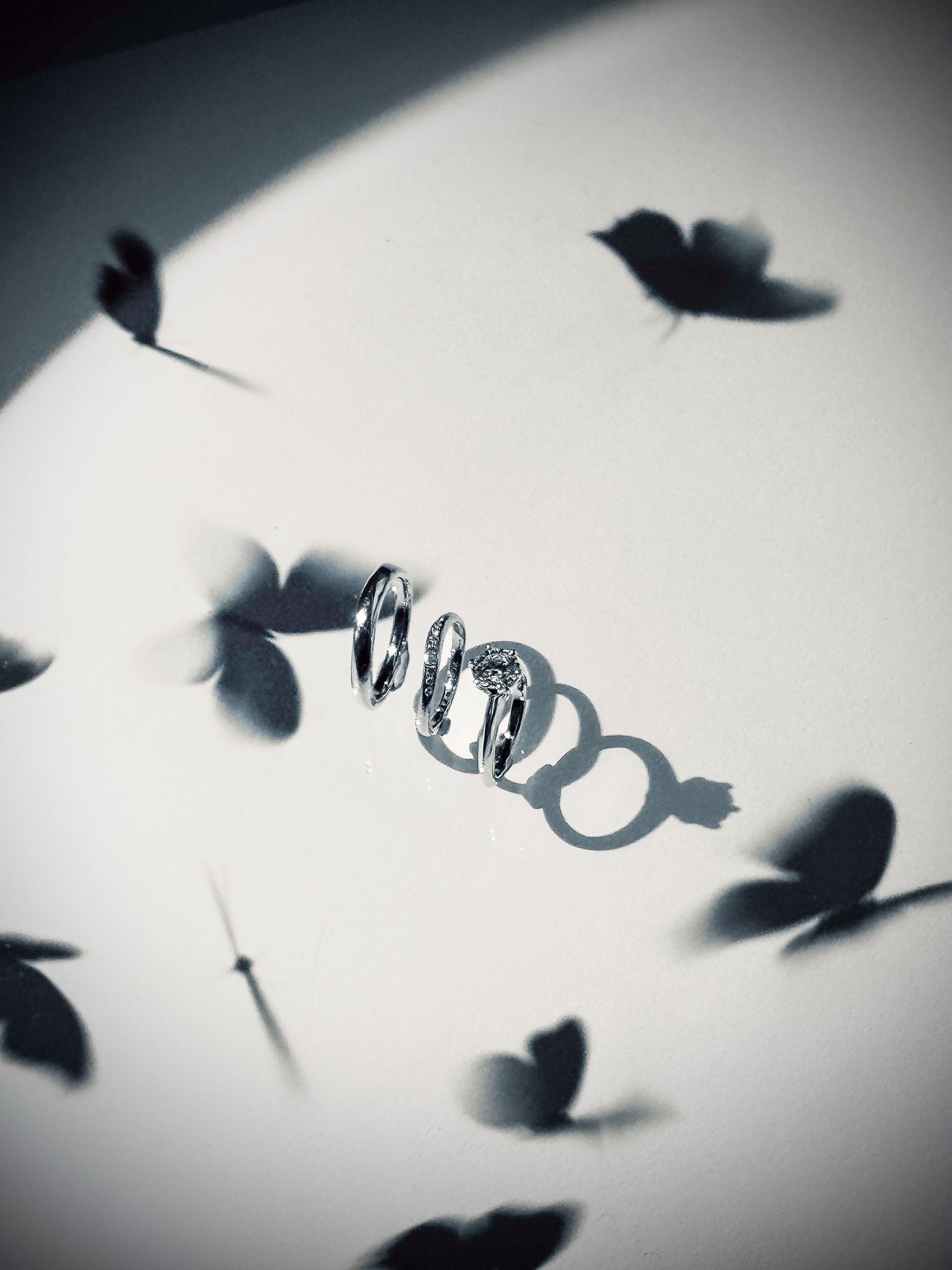 Wedding rings casting heart-shaped shadows against a white surface in artistic black and white photography.