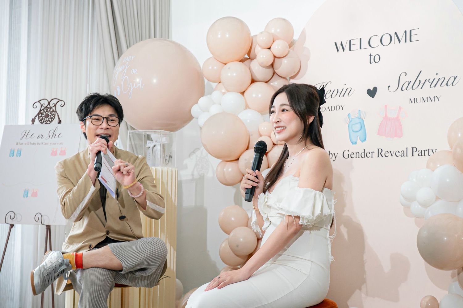 A collage of wedding reception photos showing pink balloon decorations and guests enjoying champagne at an elegant venue.