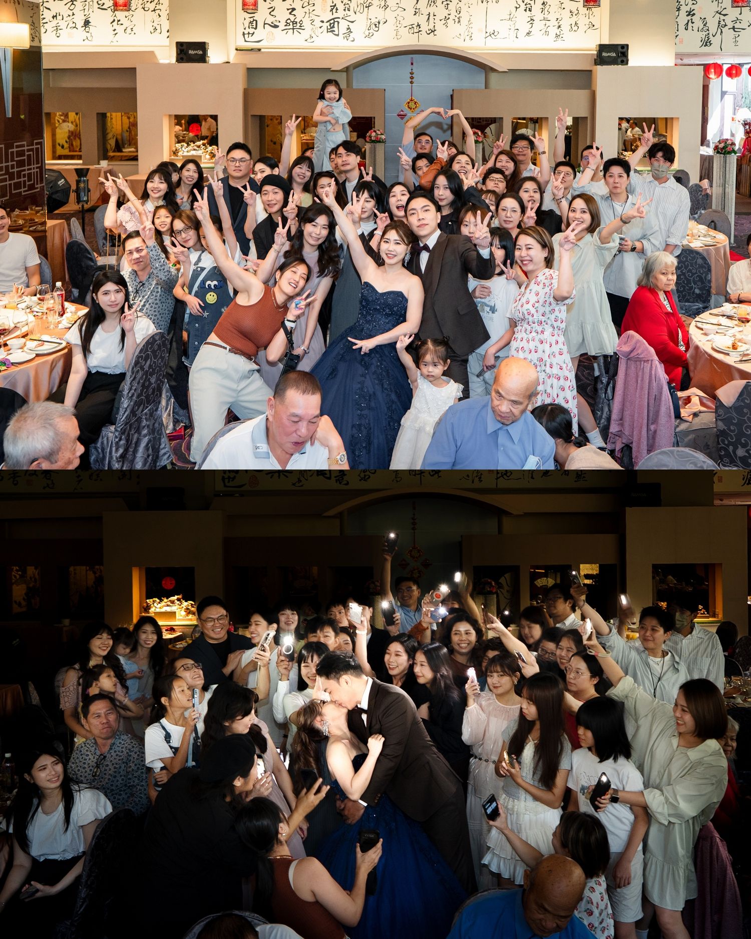 Large group of wedding guests dancing and celebrating together on the dance floor at a reception party.