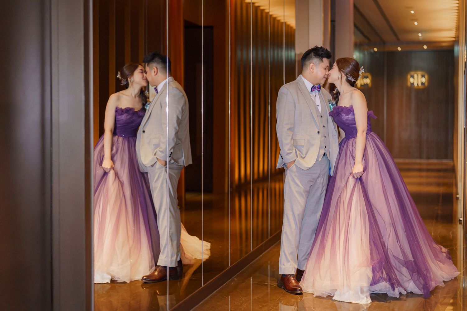 A series of romantic dance photos showing couples in formal attire moving gracefully through an elegant hallway.