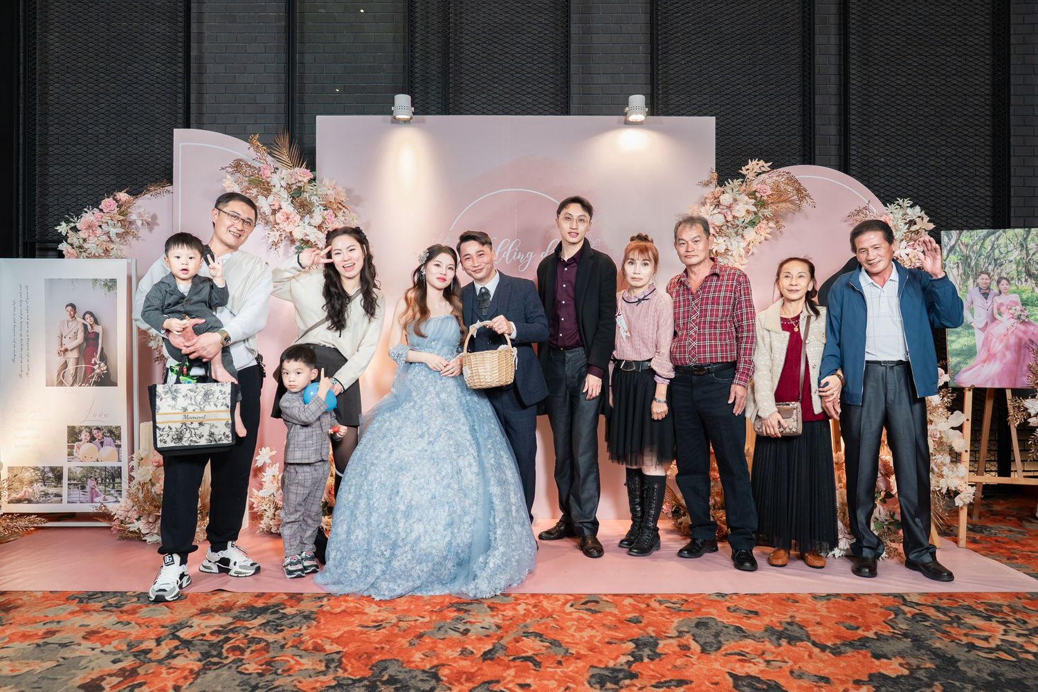 Wedding party poses together in a series of connected photos showing various group formations at an indoor reception venue.