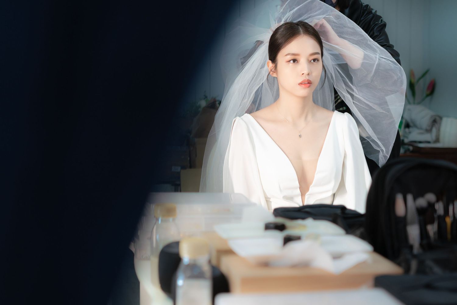A bride in a white wedding dress with a long veil poses for a portrait in soft natural light.