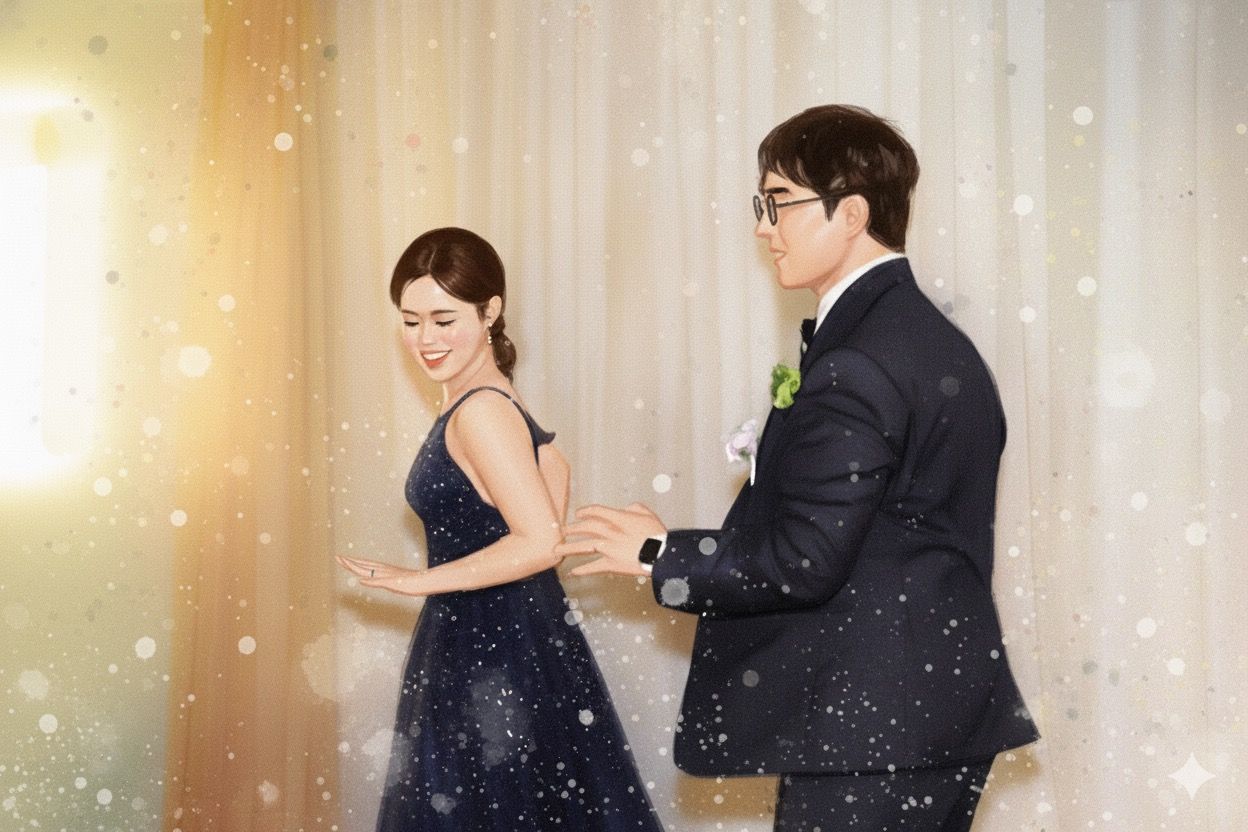 A couple dances together in formal attire against a soft glowing backdrop with twinkling lights.