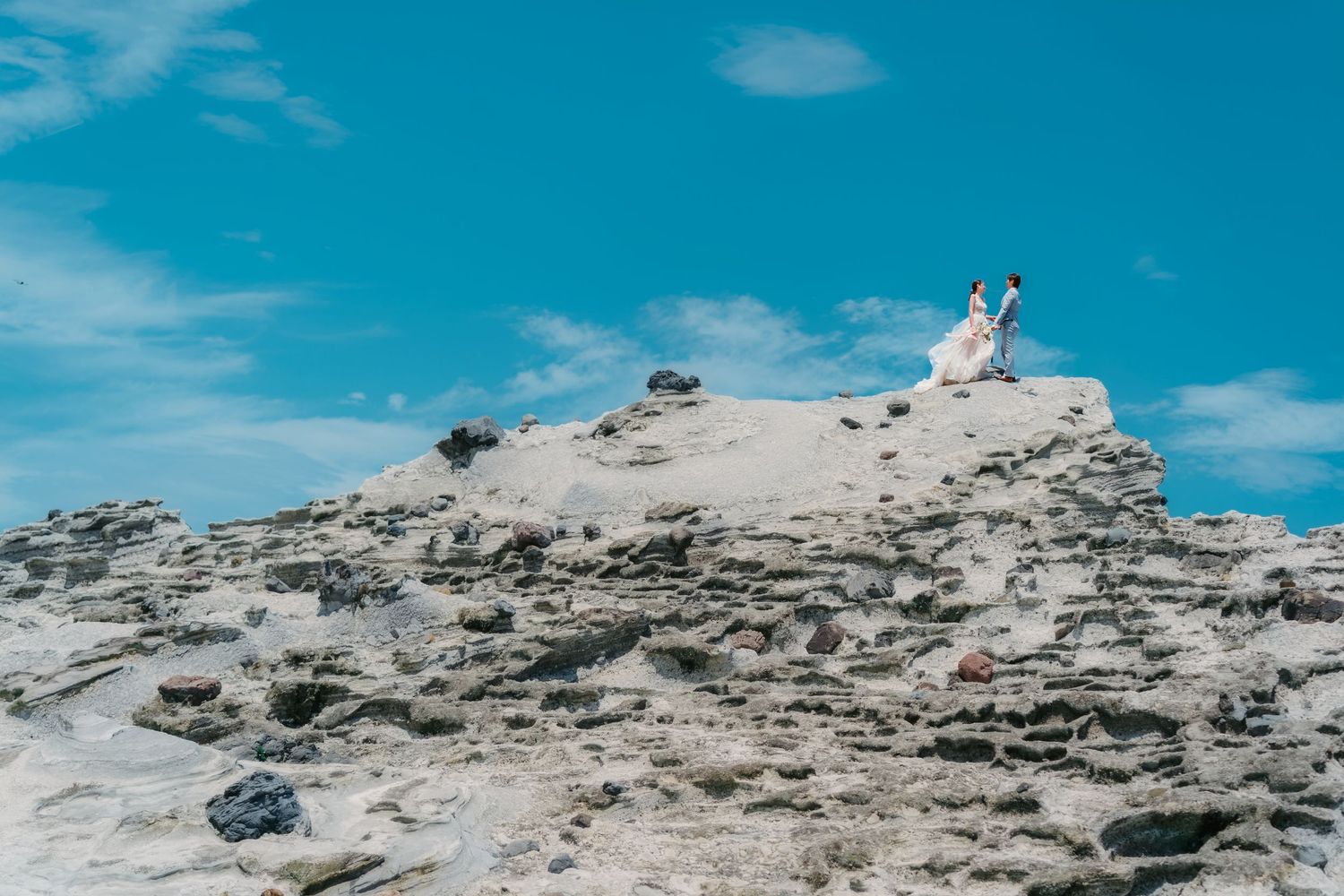 Aerial view of seagulls perched on rocky coastal cliffs against bright blue sky and ocean background.