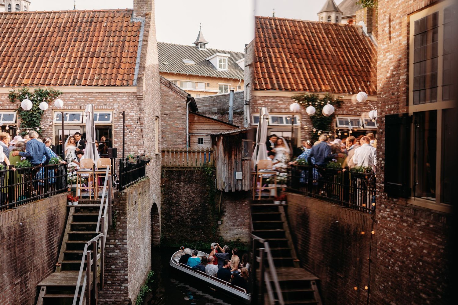 Panoramisch uitzicht van bakstenen binnenplaats met lichtslingers en buitenzit, bruidsfotografie Noordbrabants Museum Den Bosch, Brabant.