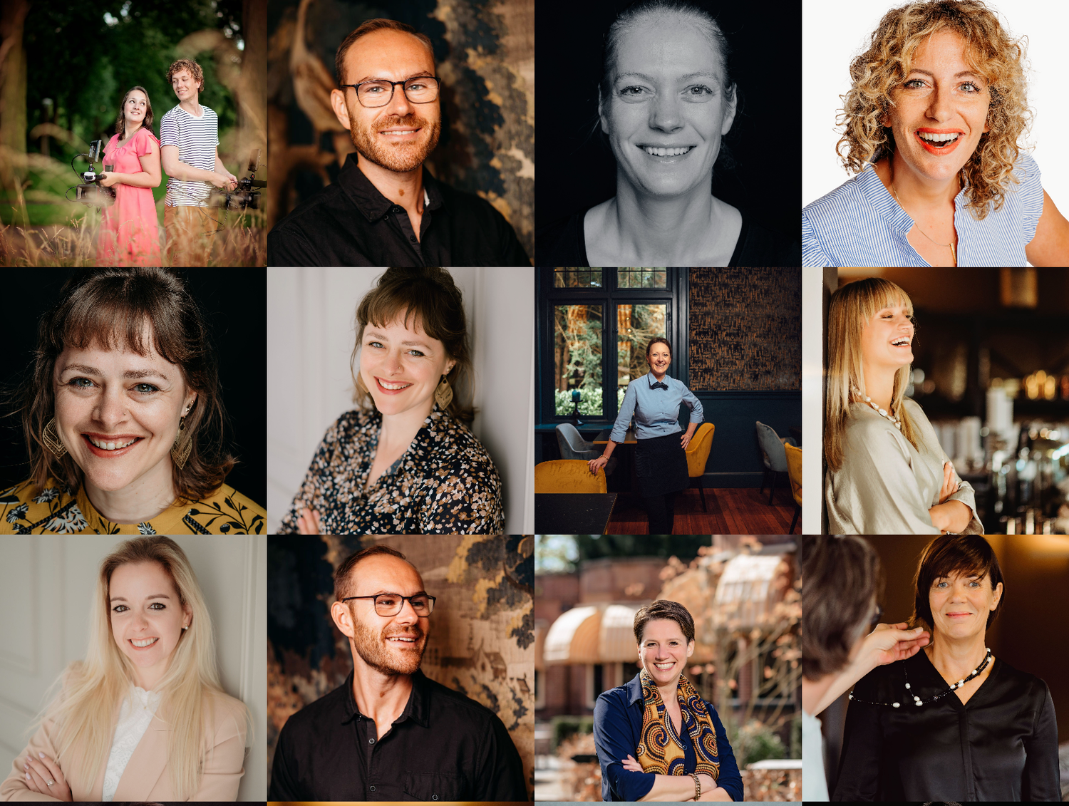 Raster van professionele headshots van diverse personen tegen verschillende achtergronden, portretfotografie Brabant