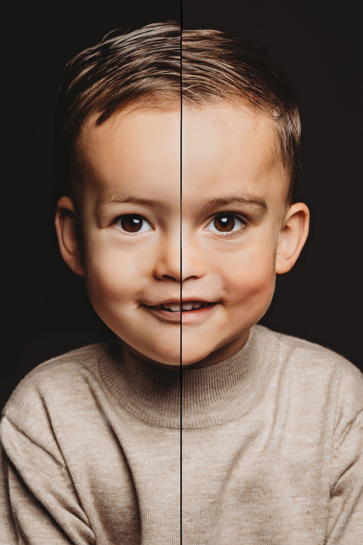 Creatieve portretserie met verschillende hoeken en gezichtsuitdrukkingen tegen zwarte achtergrond, portretfotografie Brabant duo-shoot