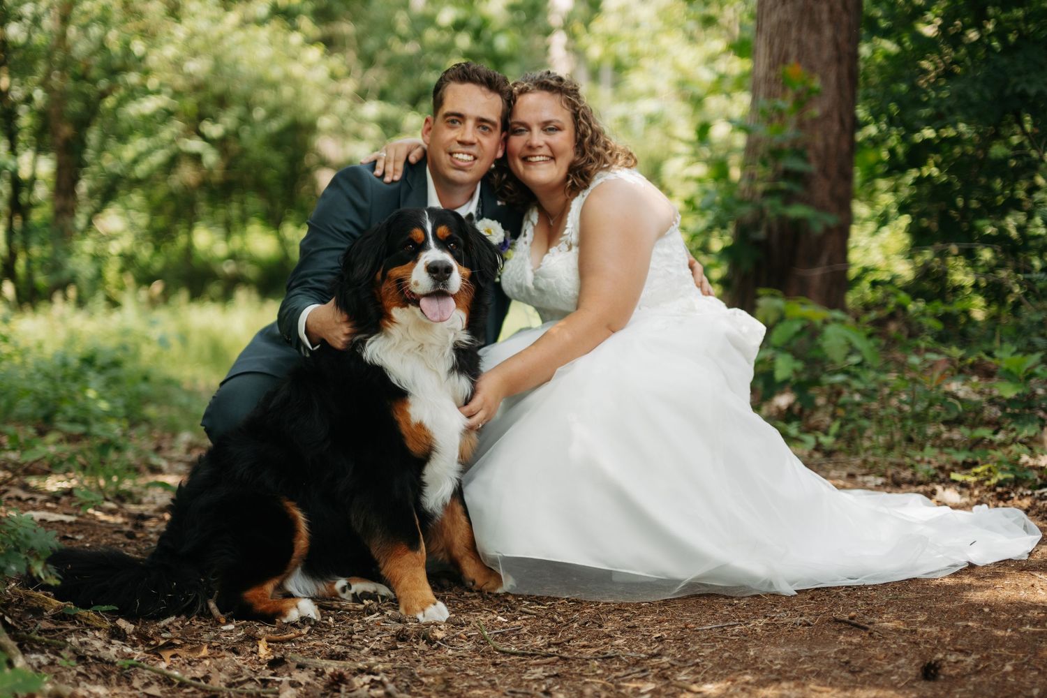 Bride and groom posing with their Bernese Mountain Dog in a lush green forest on their wedding day.