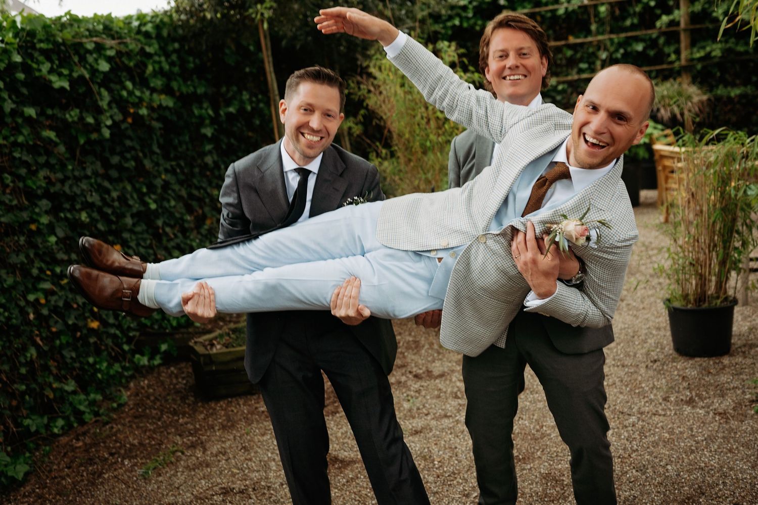 Three groomsmen laughing as two carry the groom in light blue suit in a garden setting.