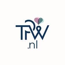 Modern logo ontwerp met TFW.nl tekst en gestileerde hartjes in blauw en roze, branding fotografie Brabant