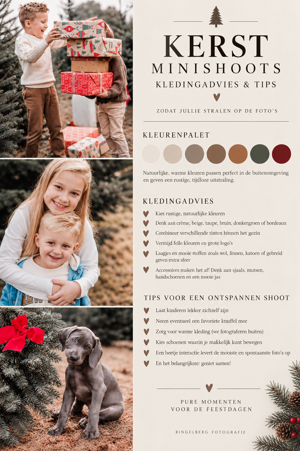 Dutch Christmas mini shoot promotional flyer with children, gifts, and a dog near a festive tree, featuring outfit tips and color palette.
