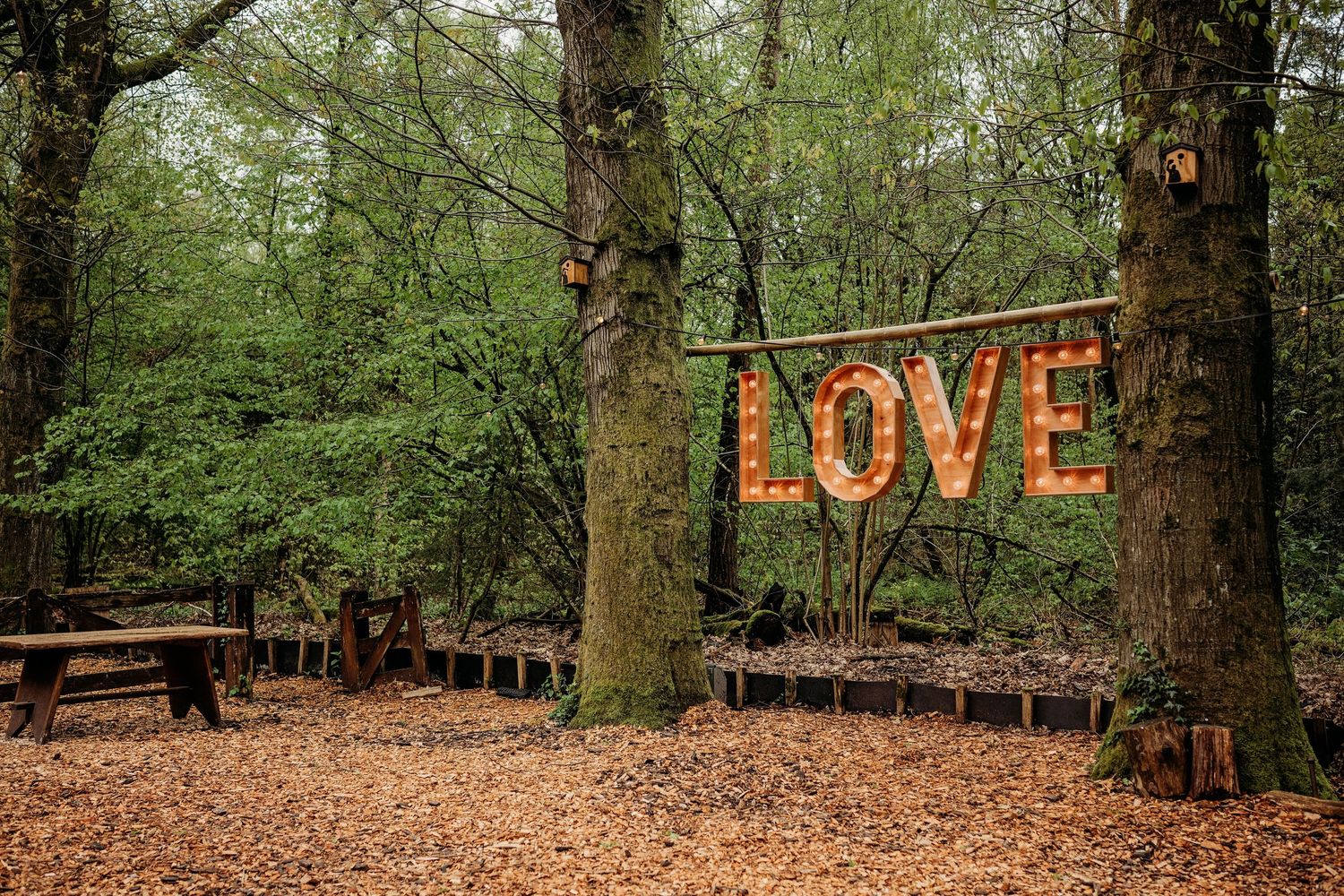 Grote LOVE letters tussen bomen in het bos, sfeervolle bruidsfotografie bij Mr van Eijck Oisterwijk, Brabant.