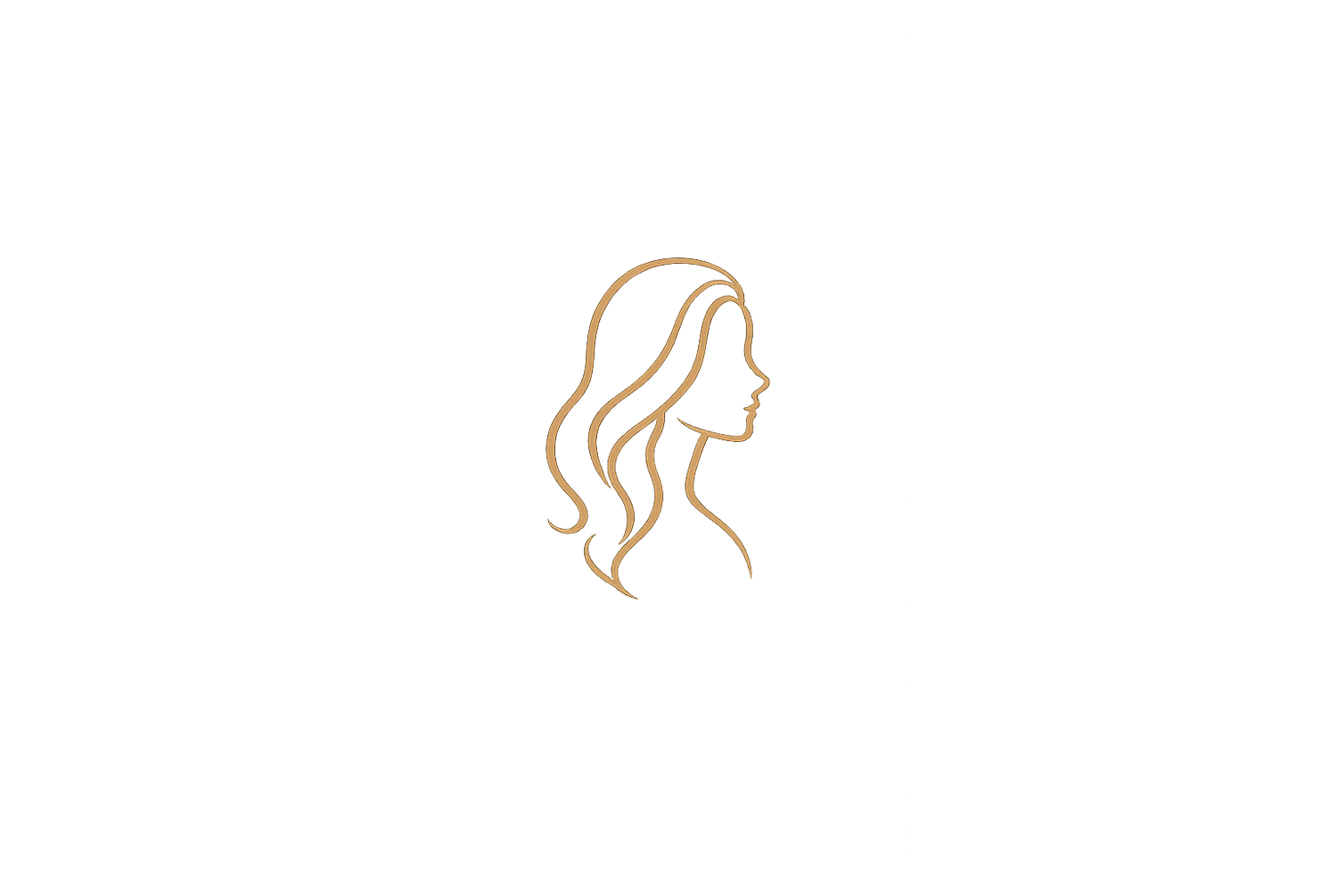 Minimalistische lijntekening van vrouwelijk profiel met golvend haar in goud, branding