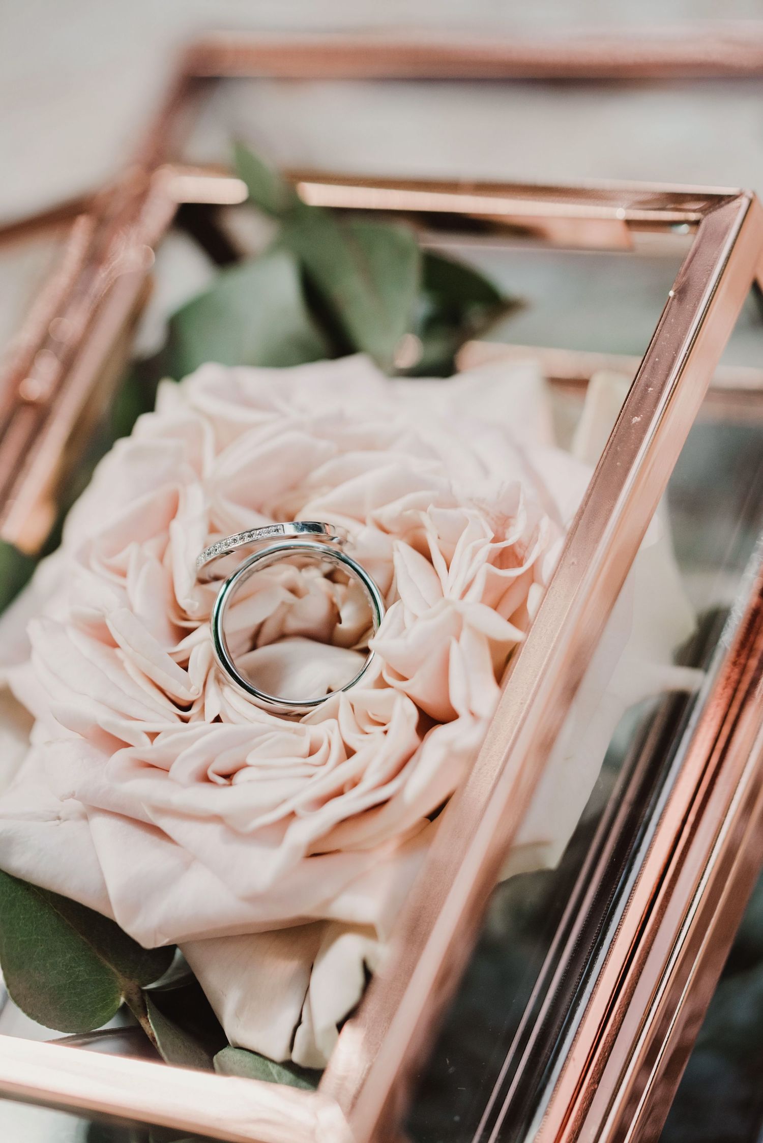 Trouwringen op delicate roze rozen met roségouden frame, bruidsfotografie Brabant