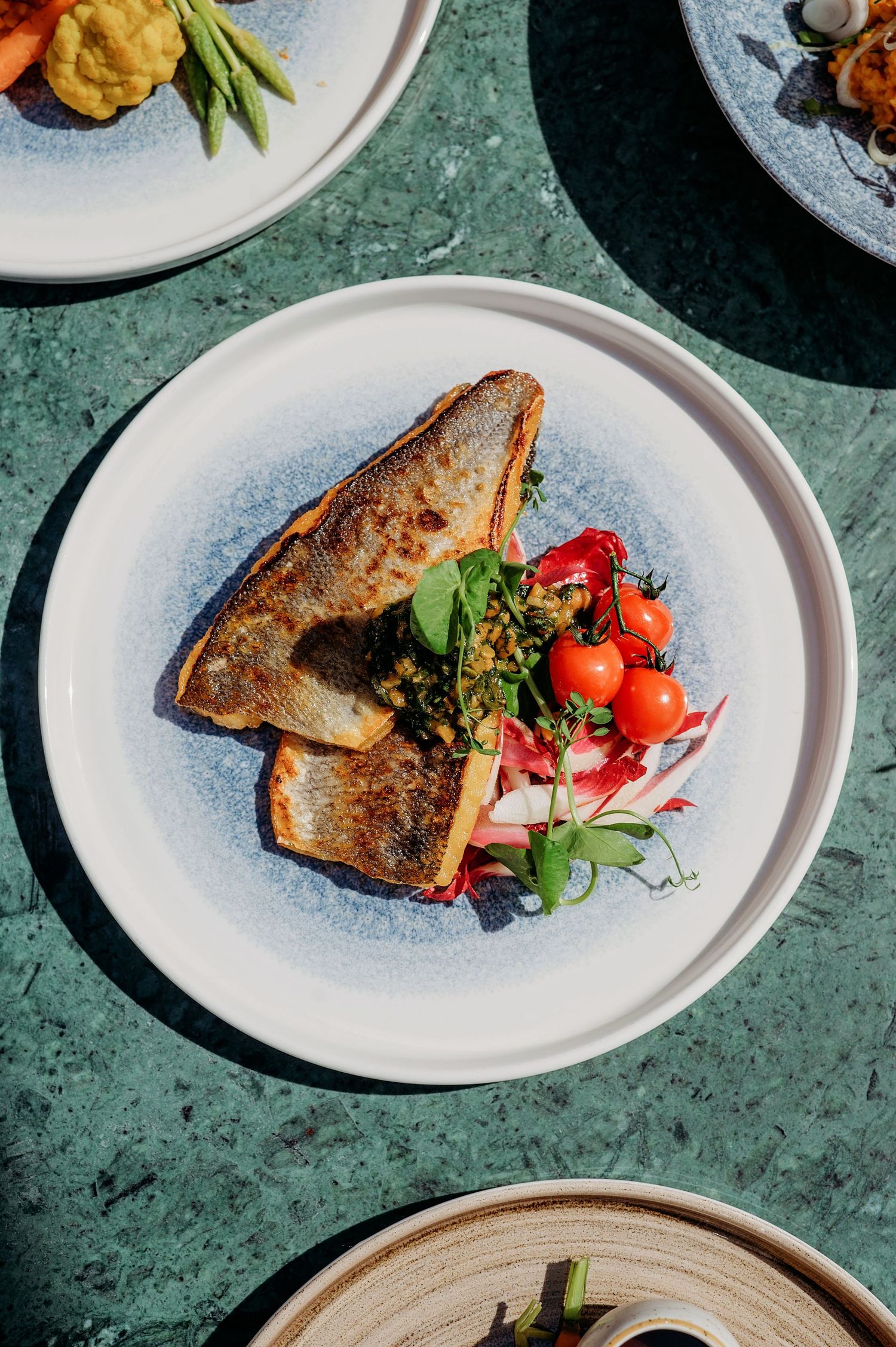Perfect gepresenteerde gebakken visfilets met geroosterde tomaten en microgreens op wit porselein, culinaire fotografie Brabant