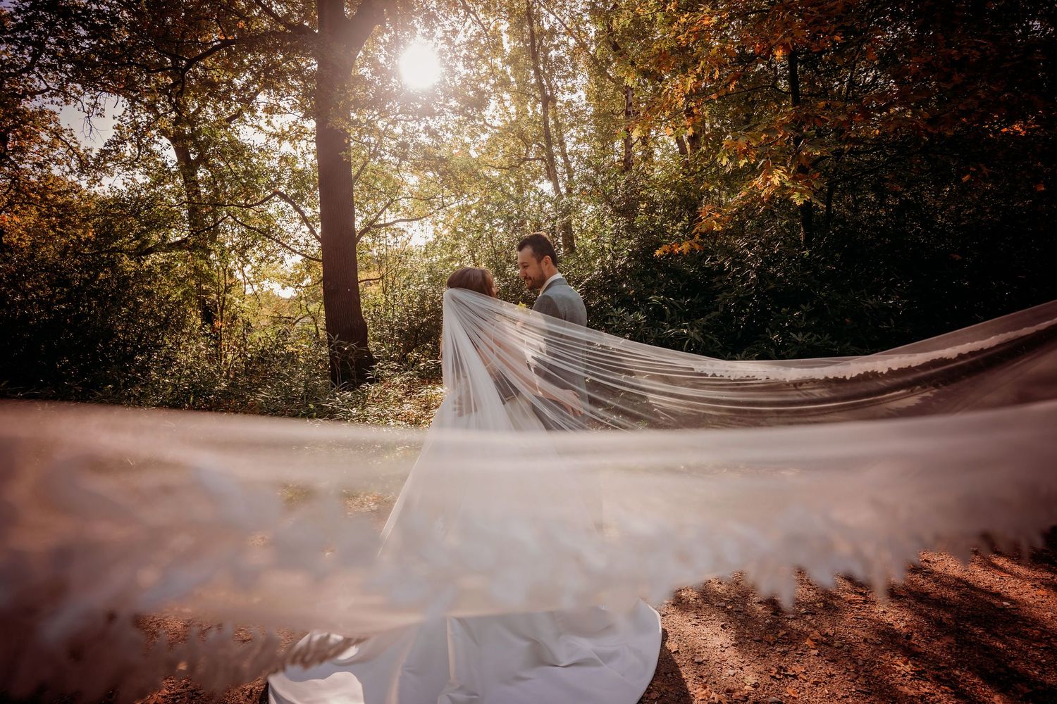 A couple stands in an autumn forest beyond the long flowing veil stretched across the foreground in warm backlit sunlight.