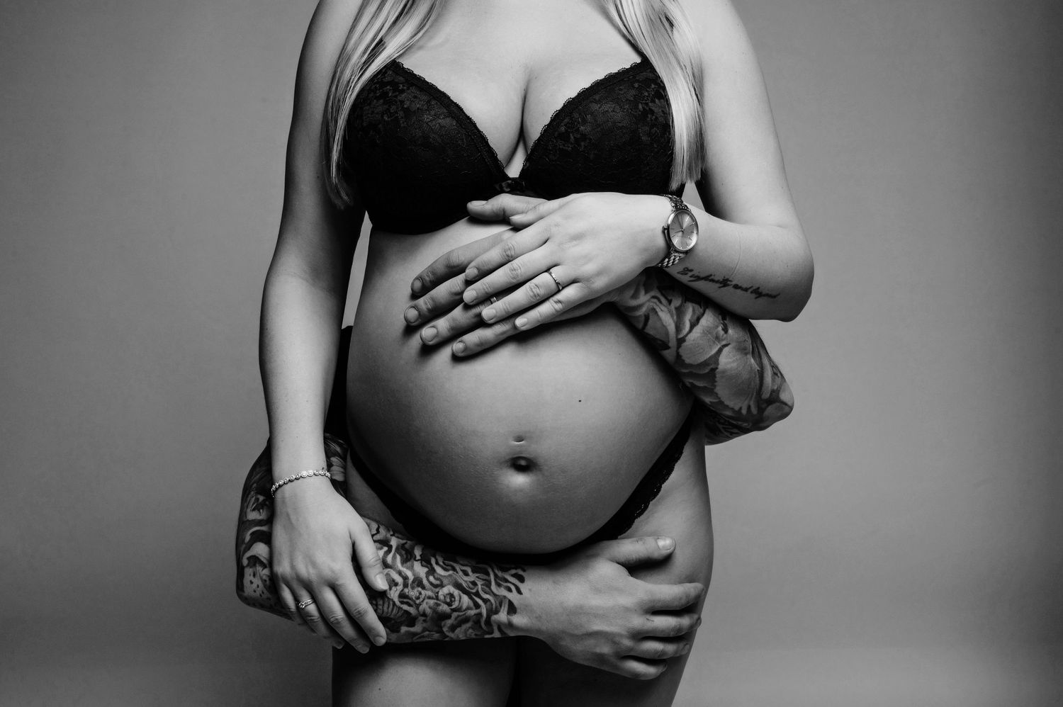Series of casual maternity photos with woman in jeans showing pregnancy progression.