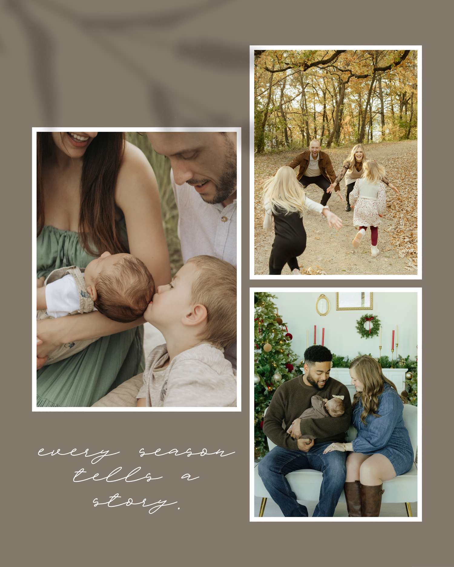 Family photo collage with newborn, autumn outdoor fun, and Christmas holiday portrait on brown background.